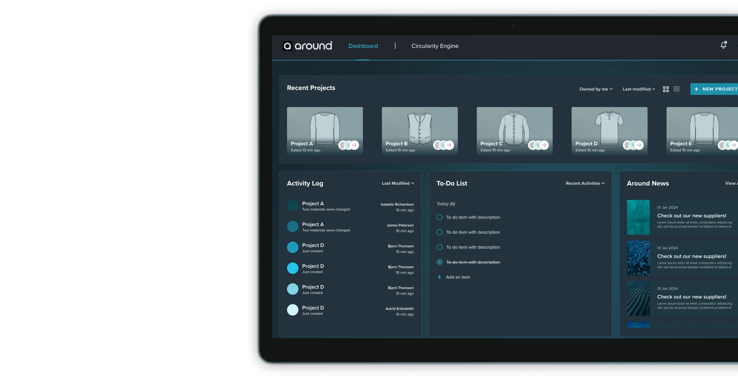 Around Systems — Dashboard with recent projects, activity log, and to-dos